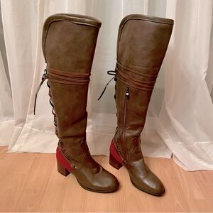 Brown & Red Knee High Lace Up Boots Size 7